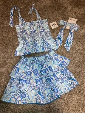 Haute Hippie Blue & White Coral Print Three-Piece Skirt Set with Hair Bow